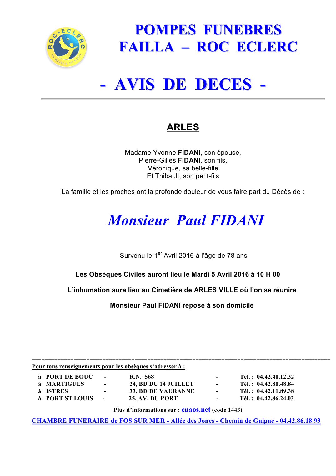 Deces De Monsieur Paul Fidani 01 04 2016 Fr Fr Annonce Necrologique 193765