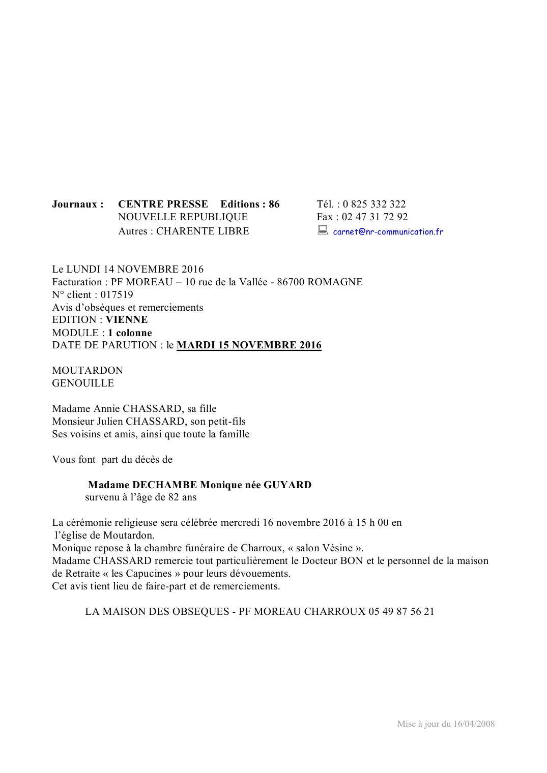 Deces De Madame Monique Dechambe Nee Guyard 14 11 2016 Fr Fr Annonce Necrologique 208372