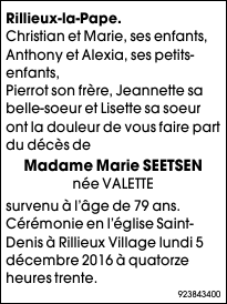 Deces De Madame Marie Seetsen Nee Valette 01 12 2016 Fr Fr