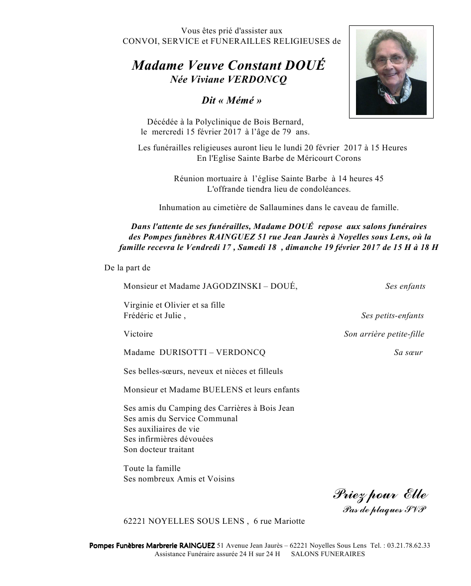 Décès de Madame Viviane DOUE née