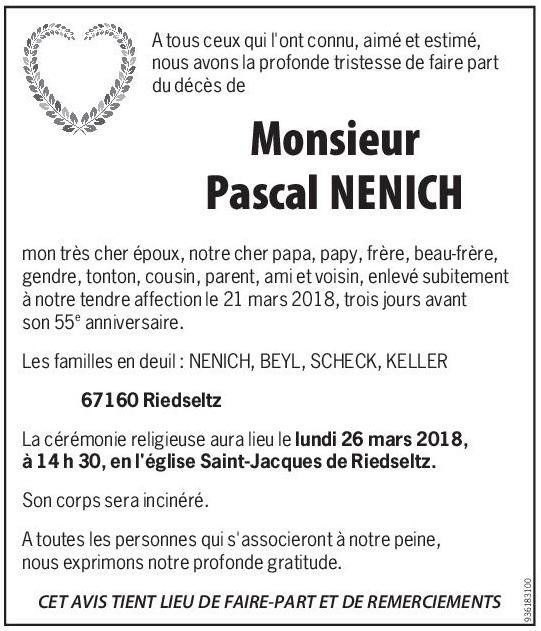 Deces De Monsieur Pascal Nenich 21 03 18 Fr Fr Annonce Necrologique