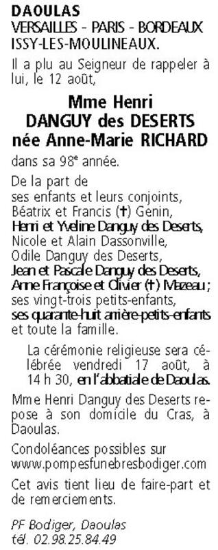 Anne Danguy Des Deserts Deces De Madame Anne Marie Danguy Des Deserts Nee Richard 12 08